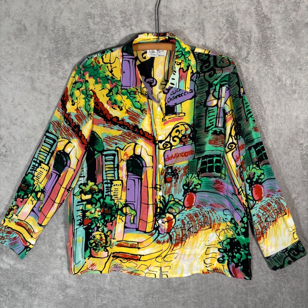 Vntg Michael Leu Silk Print Button Up Shirt Multicolor Cityscape XL Art To  Wear